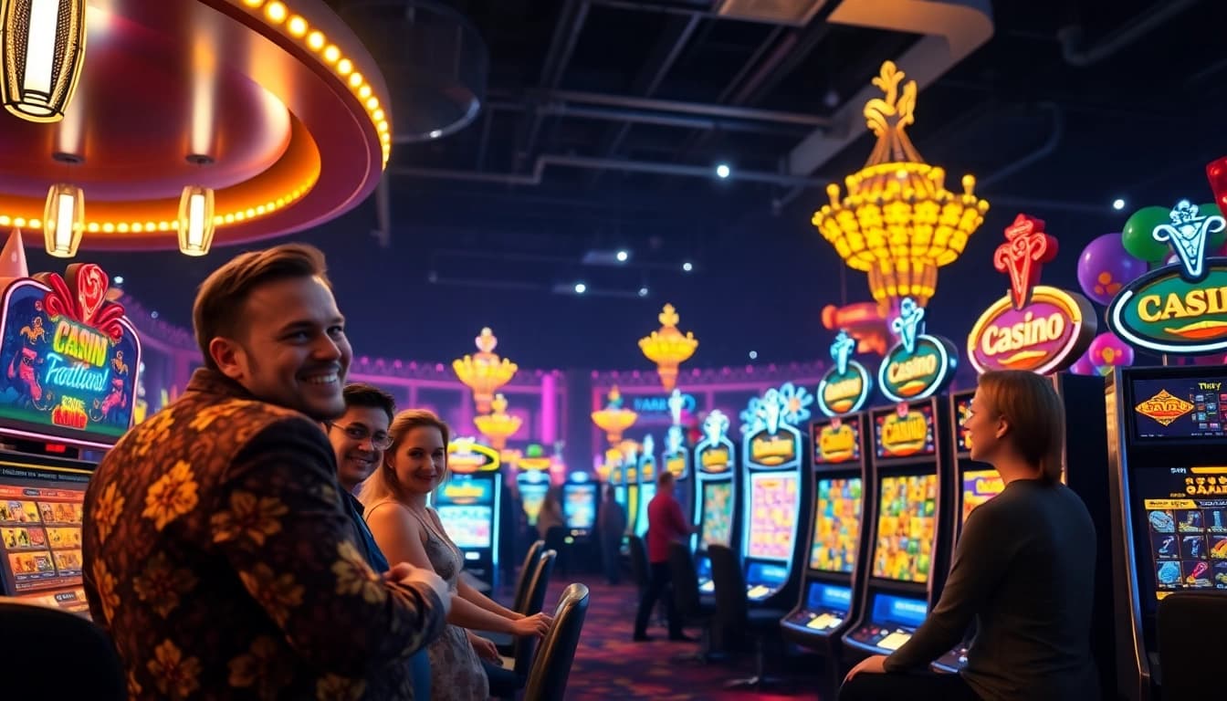 Erlebe das Casino online mit bunten Spielautomaten und fröhlichen Spielern in einer lebhaften Szenerie.