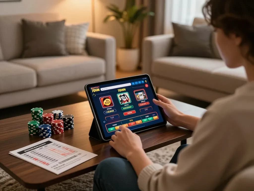 Engaging with 78WIN on a tablet in a cozy home setting, strategizing gameplay with betting guides.