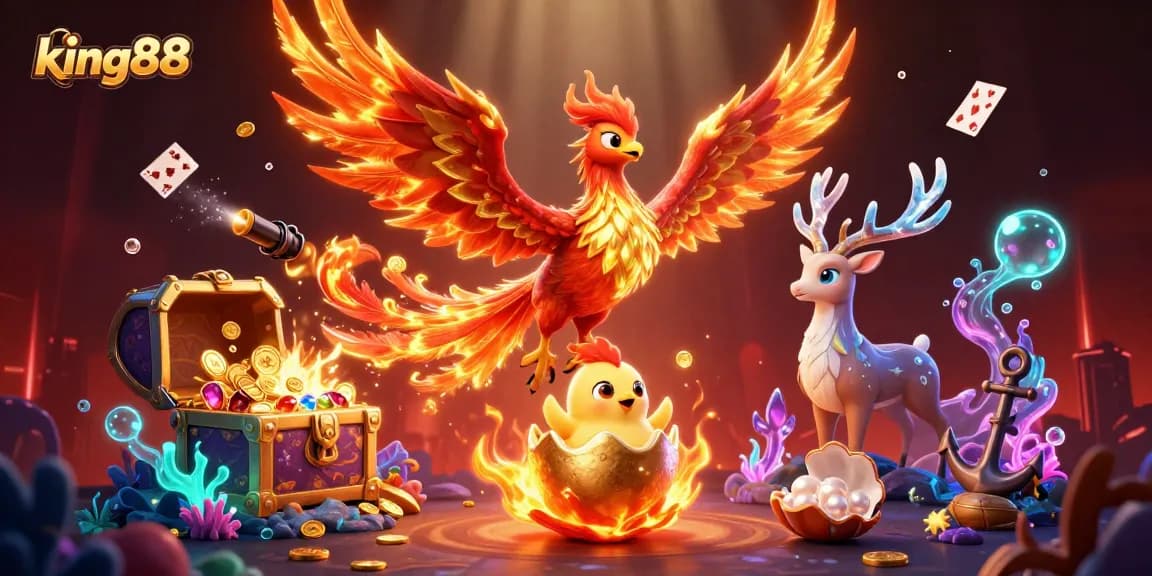 Experience king88's vibrant gaming scene with phoenix and mystical stag amidst treasure and bubbles.
