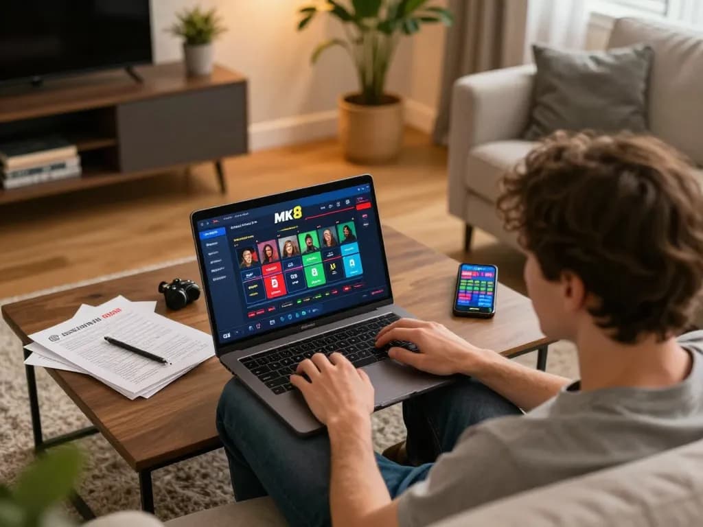 Person engaged in mk8 online betting from home, with laptop and strategy notes.