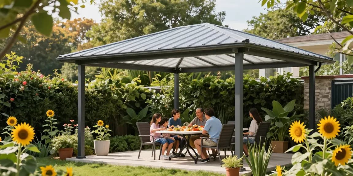Moderne Terrassenüberdachung freistehend in einem Garten mit Familie beim Essen.