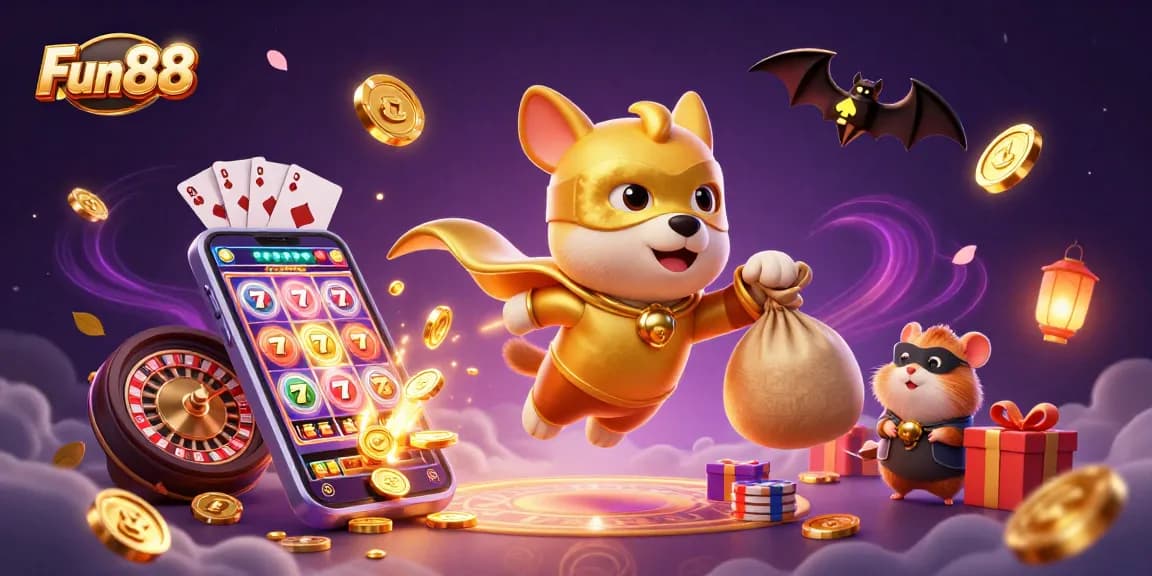Fun88 slots in an exciting scene with a superhero dog and gold coins flying around.