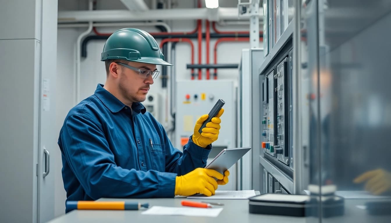 Technician performing a DGUV V3 Prüfung on electrical equipment in a well-lit, safe workspace.