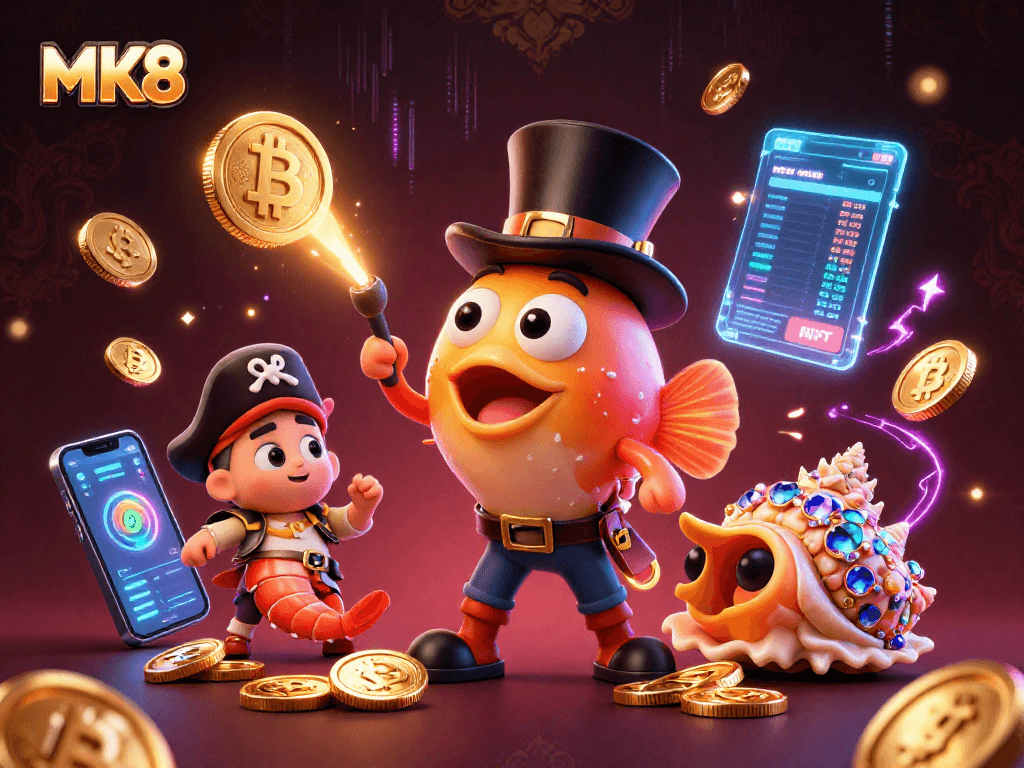 MK8 sports betting scene featuring a 3D deep-sea anglerfish and pirate shrimp attracting golden coins in a rich animated illustration.