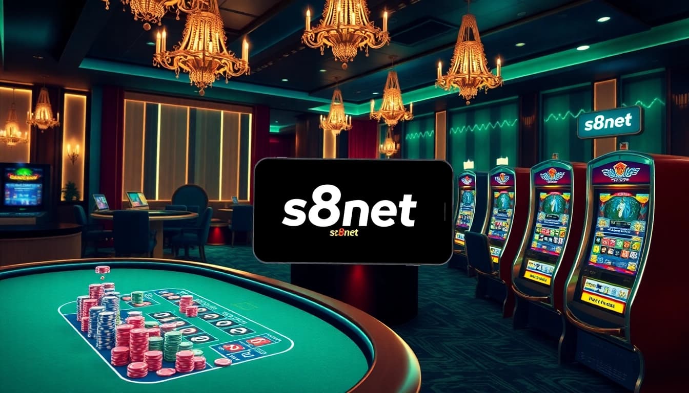 Engaging gambling experience at https://s8net.com/ with vibrant poker tables, roulette wheels, and slot machines.