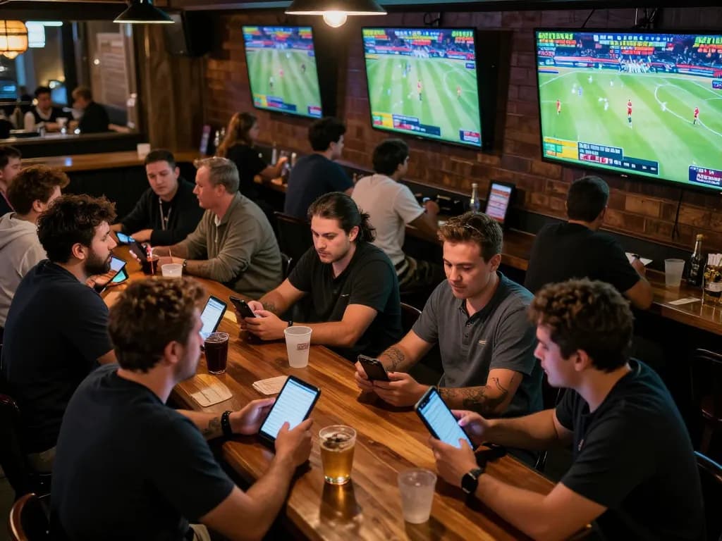 Soi kèo nhà cái strategies in action at a busy sports bar, patrons engaged with live games and betting.