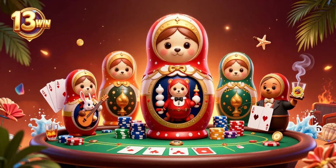 Engage with 13WIN's vibrant casino world showcasing Matryoshka bears and dynamic gaming elements.