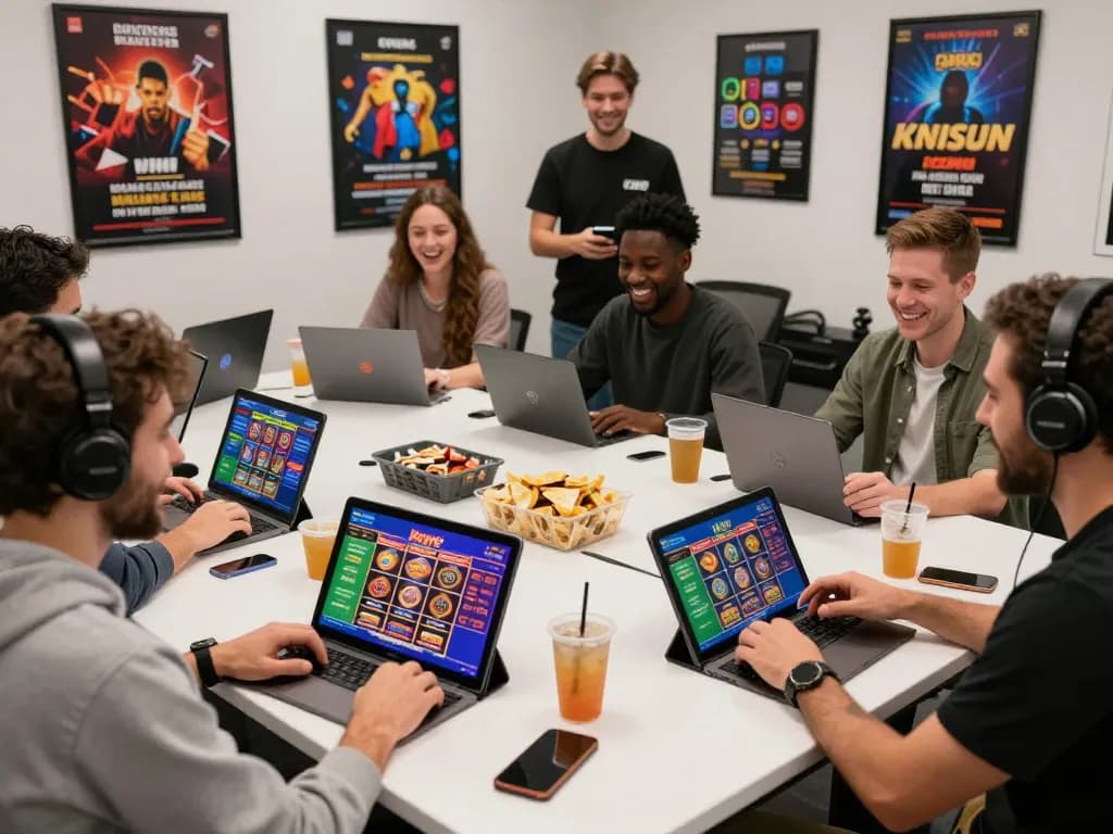 Kwin online gaming platform scene with diverse players enjoying casino games in a bright gaming room atmosphere.