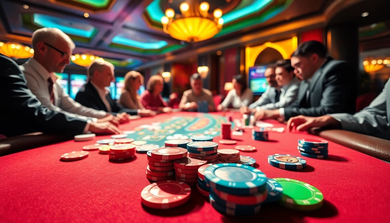 Erleben Sie den pflegedienst griesheim am Casino Tisch mit bunten Chips und Karten.