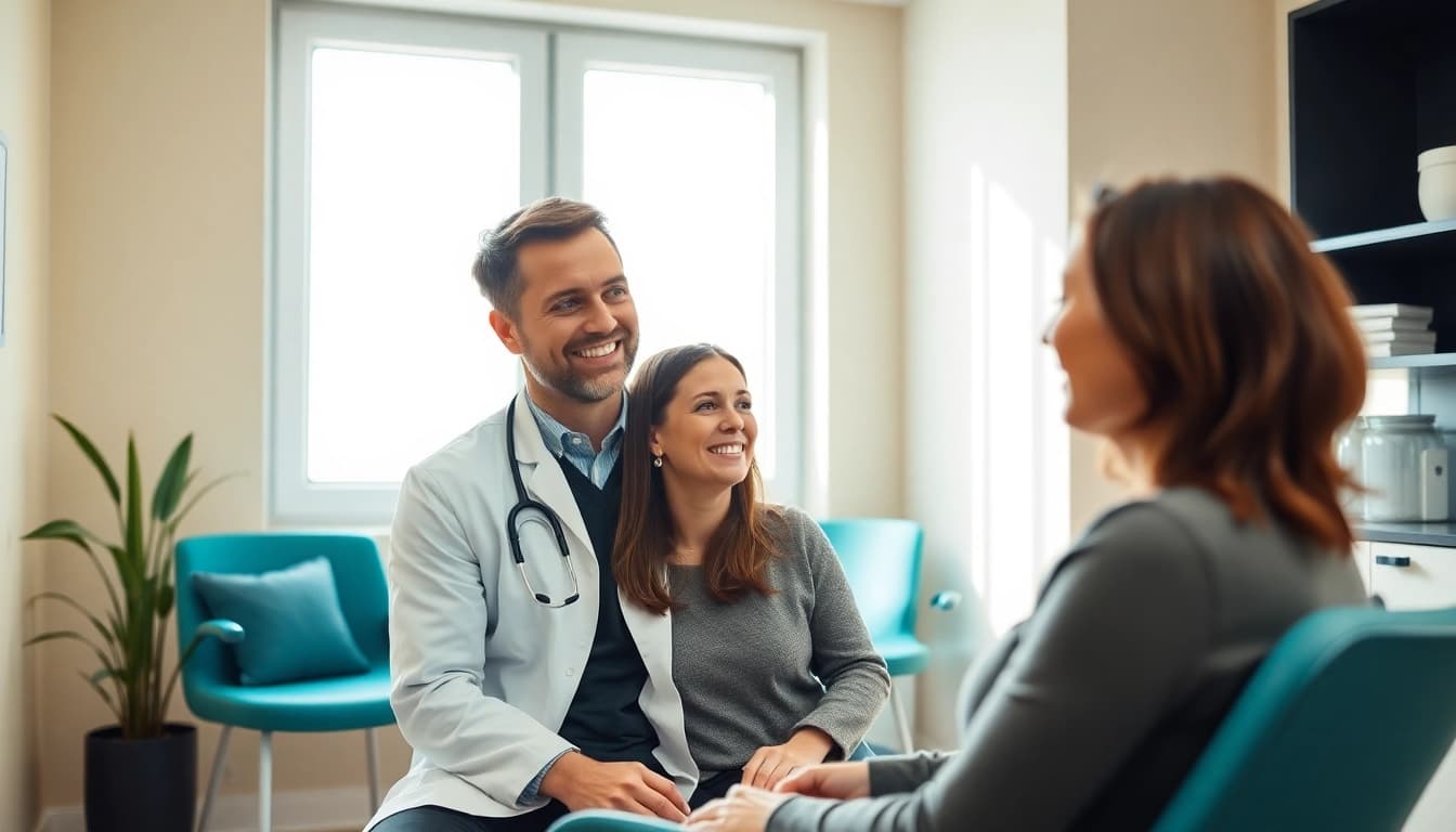Professionelle Hautärztin 1100 bei der Behandlung einer Patientin in einem modernen Sprechzimmer.