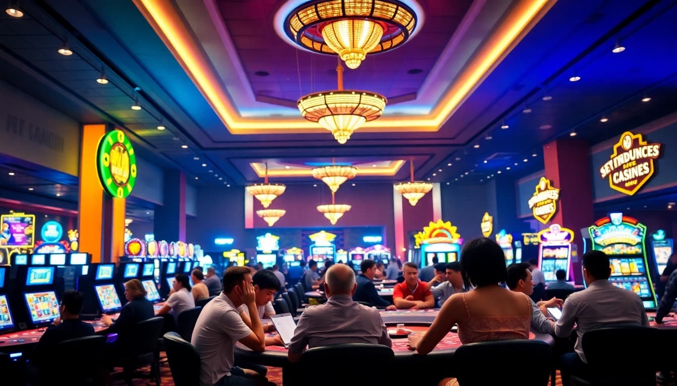 Players enjoying excitement in casinos ohne einzahlungslimit with bright lights and lively atmosphere.