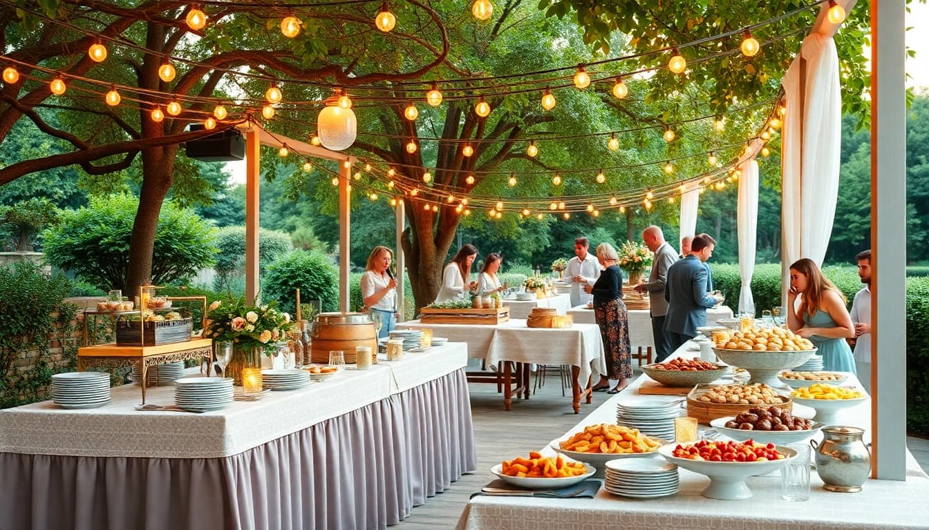 Partyservice setup with buffet table elegantly decorated for an outdoor celebration.