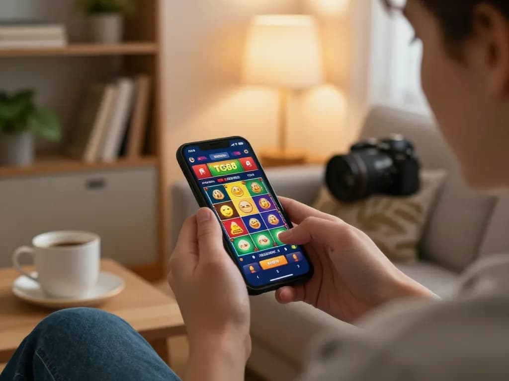 Engaging in mobile gaming at home with TG88 app, showcasing dynamic game interface.