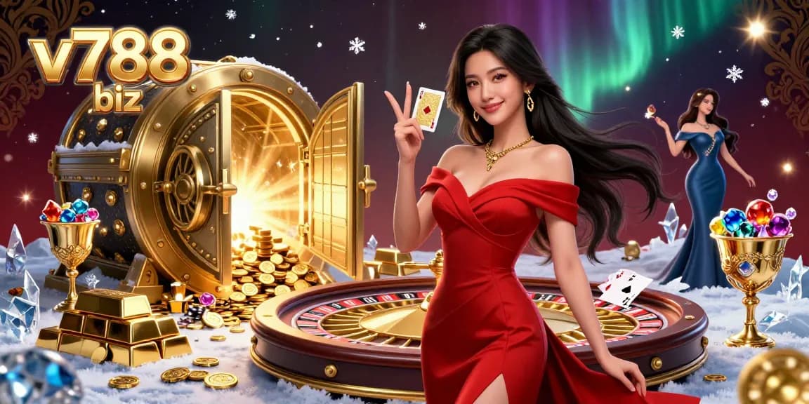 Join the excitement at v788 biz with stunning casino graphics featuring roulette and playing cards.