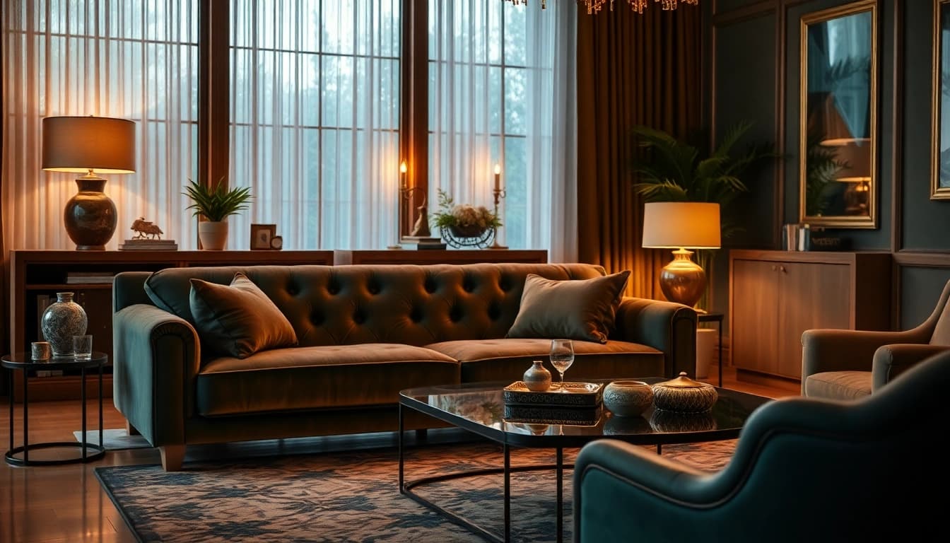 Experience luxury with a beautifully arranged living room showcasing sumptuous velvet furnishings and exquisite decor.