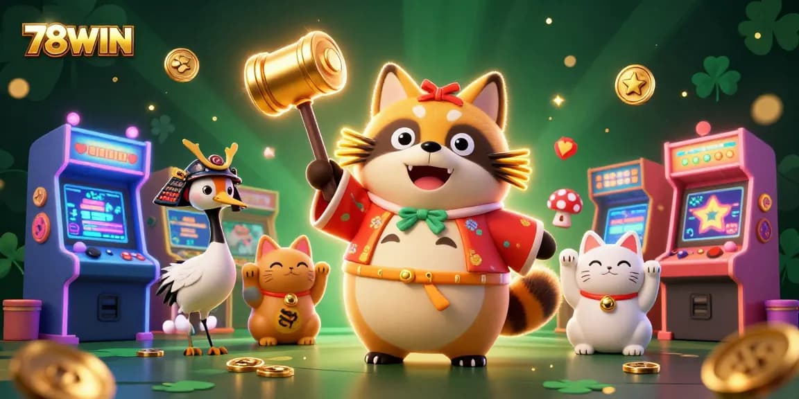 Engage with 78WIN's vibrant gaming world showcasing tanuki in traditional attire and colorful arcade elements.