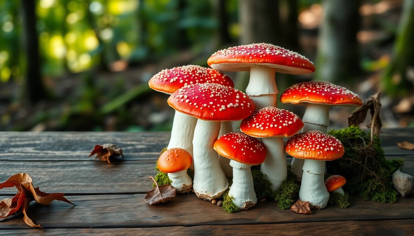 Fliegenpilz bestellen: Hochwertige Amanita muscaria auf einem rustikalen Tisch.