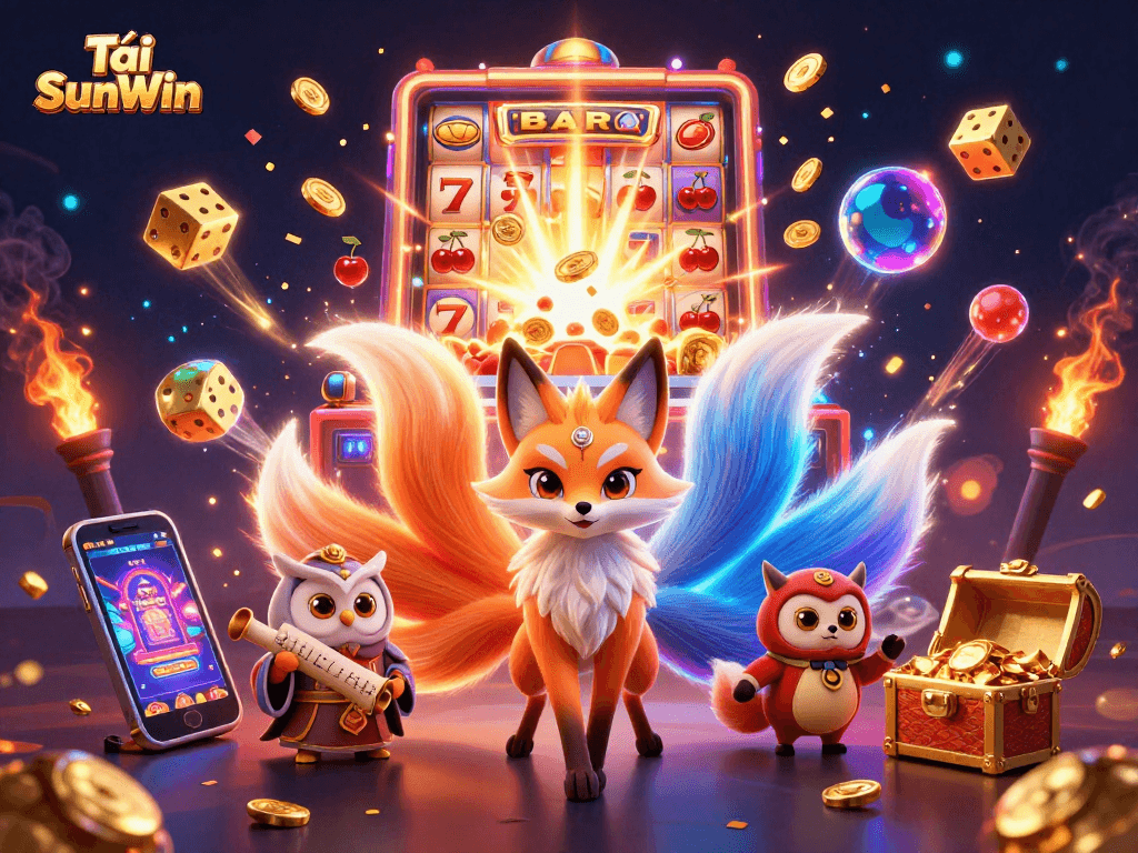 Tải SunWin spins the slots with vibrant 3D characters amidst a thrilling jackpot scene of coins and game symbols.
