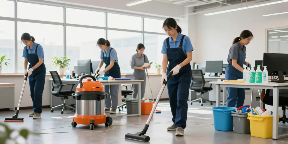 Professional cleaning team performing gebaeudereinigung solothurn in a bright, modern office environment, showcasing teamwork and a clean workspace.