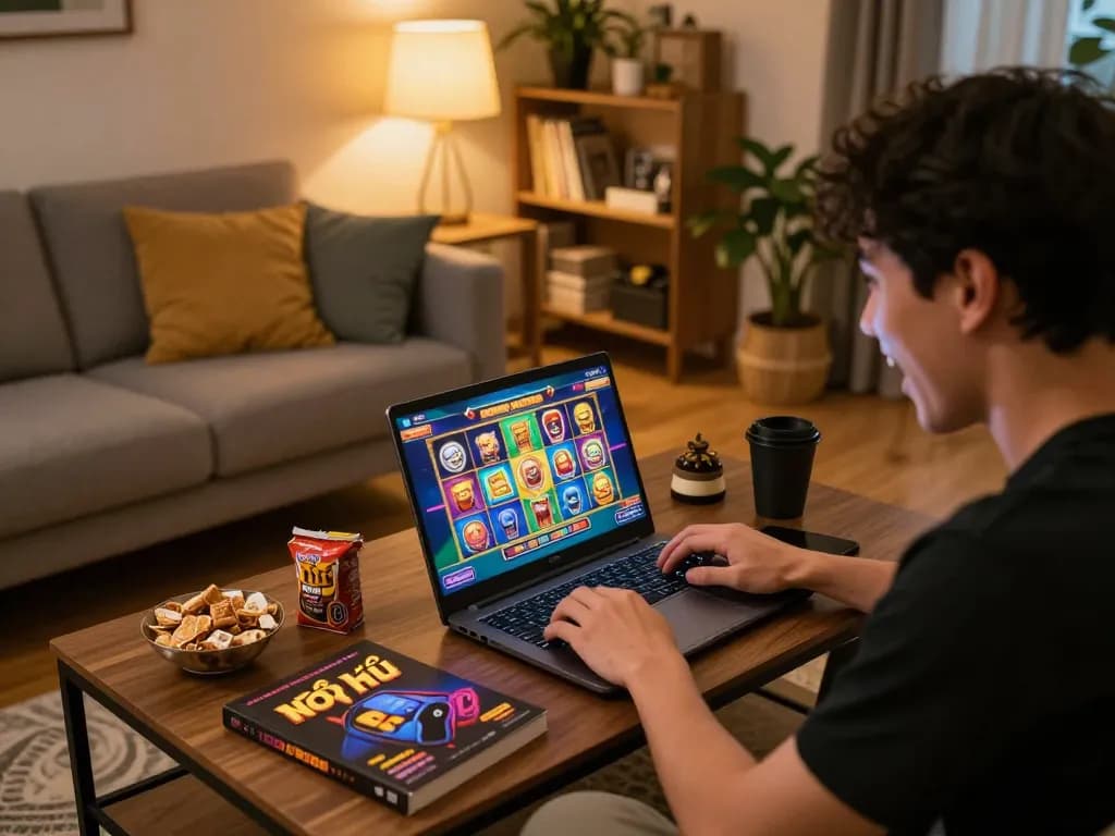 Nổ hũ gaming on laptop in cozy living room with snacks and strategy book in view