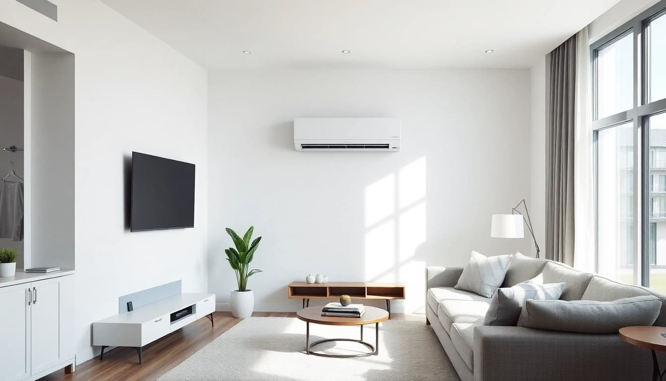 Klimaanlage mounted in a modern living room, enhancing comfort and style with its sleek design.
