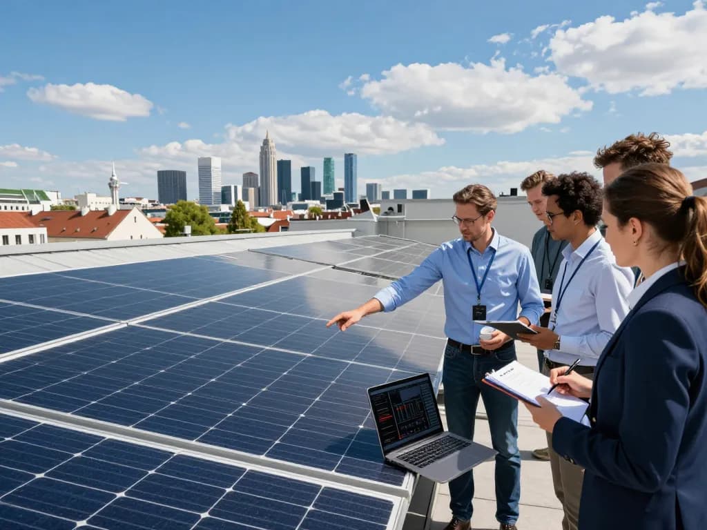 Photovoltaik Wien Szene mit Solarpaneelen auf einem Dach, die erneuerbare Energielösungen in Wien veranschaulicht.