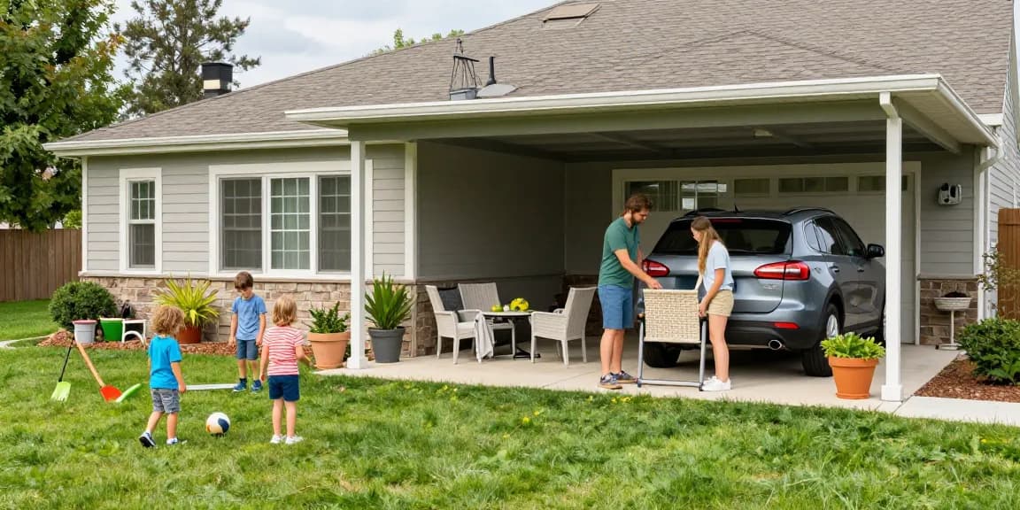Moderne Carport-Lösung mit Familie im Garten, schützend für Autos und stilvoll gestaltet.