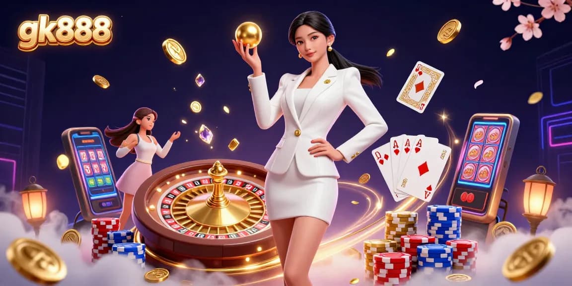 Engage in thrilling gameplay at gk888 with a glamorous casino scene showcasing dynamic elements of luck.