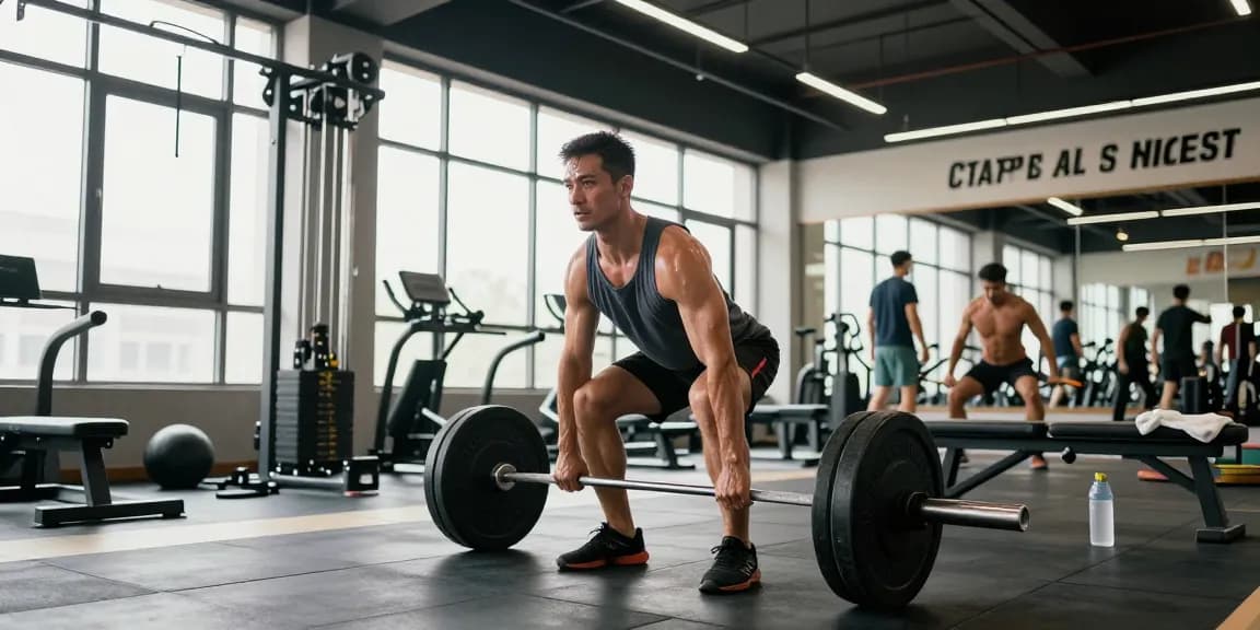 Mann, der in einem hellen Fitnessstudio bei Anabolika Shop Deutschland Gewichte hebt und seine Fitness-Dedikation sowie Energie zeigt.