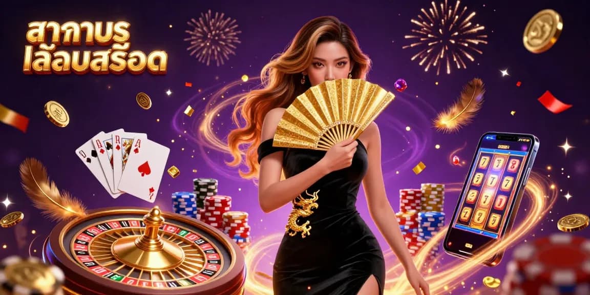 Engage with ทดลองเล่นสล็อต through captivating visuals of a dazzling casino scene featuring golden coins and colorful elements.