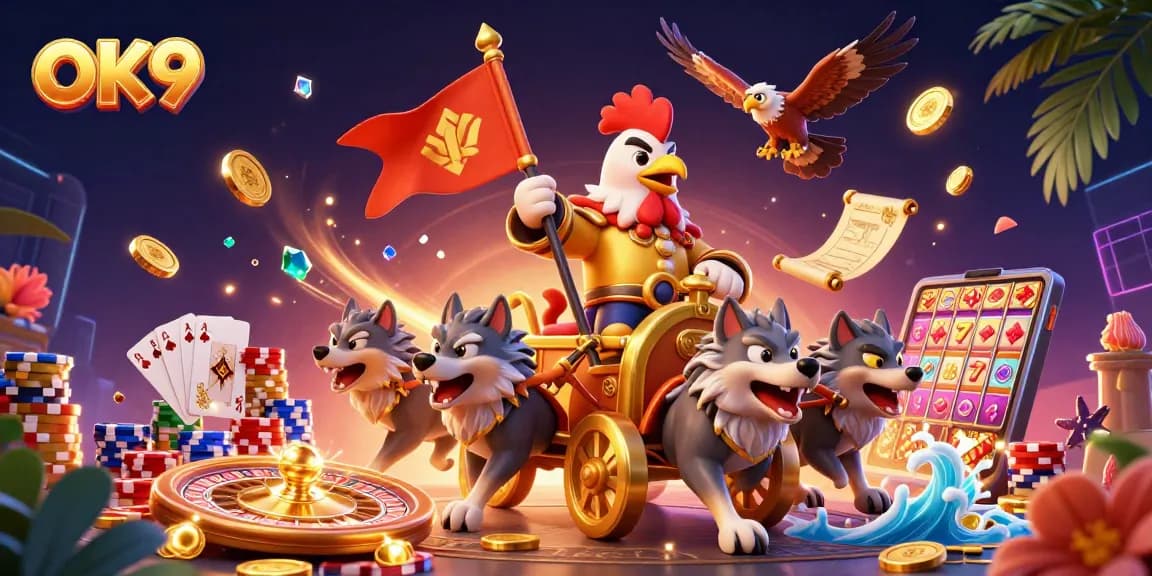Engage with the thrilling OK9 casino adventure featuring a rooster warlord, wolves, and vibrant game elements.