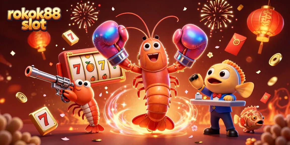 Experience the thrill of rokok88 slot with dynamic gaming characters and elements surrounding vibrant casino symbols.