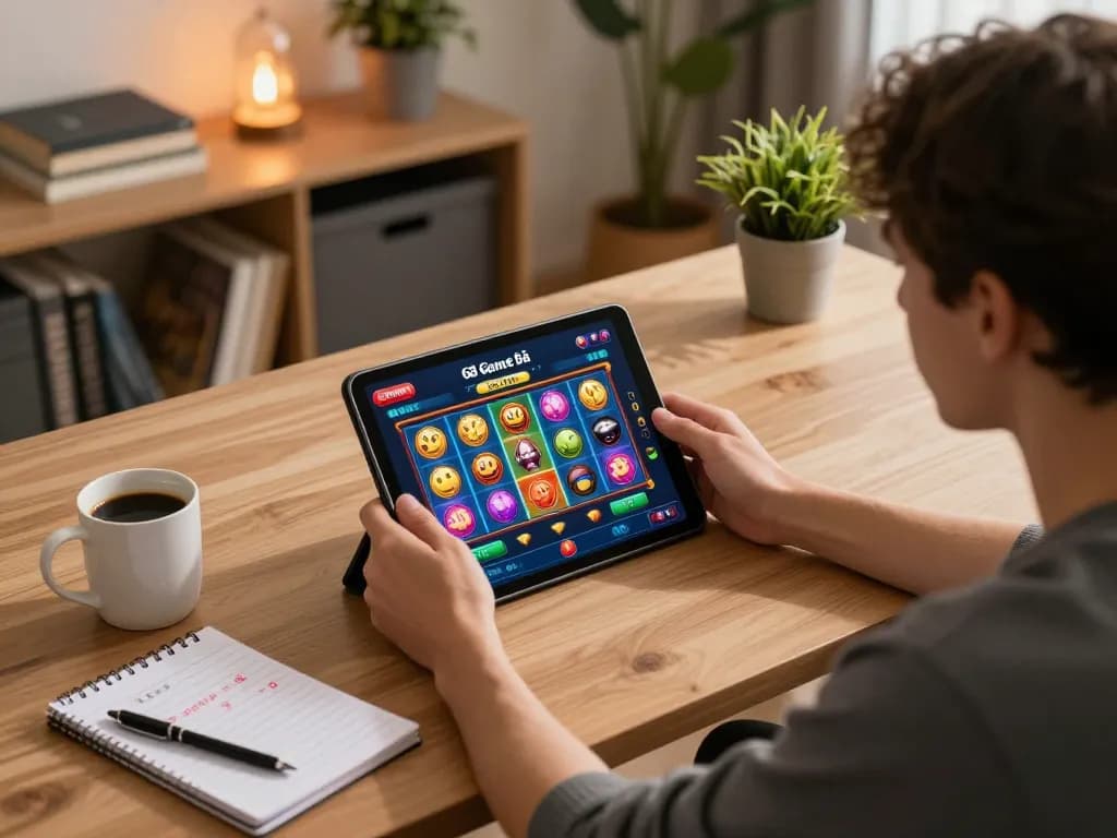 The user enjoys playing 68 Game Bài's exciting slot games on a tablet in a cozy home setting, highlighting online gambling's accessibility.