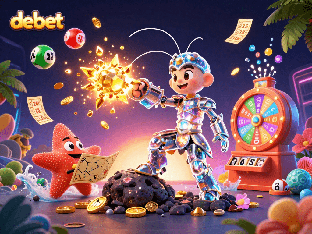 Experience thrilling gaming action with debet; a galactic mantis shrimp amidst vibrant casino elements.