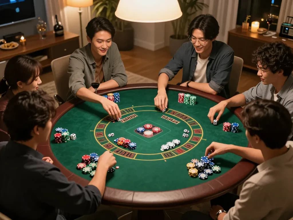 Exciting game tài xỉu session in a friendly home setting with friends rolling dice.