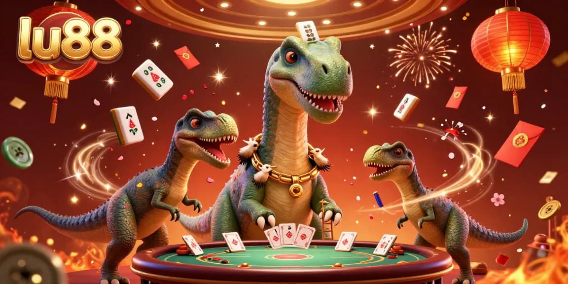 Experience thrilling gaming at lu88 with dinosaurs, cards, and festive decorations in a dynamic casino scene.