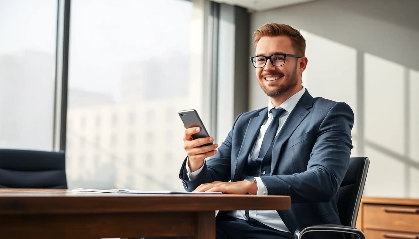 Dynamischer Headhunter CEO arbeitet an seinem Schreibtisch mit Smartphone, strahlt Fachkompetenz aus.