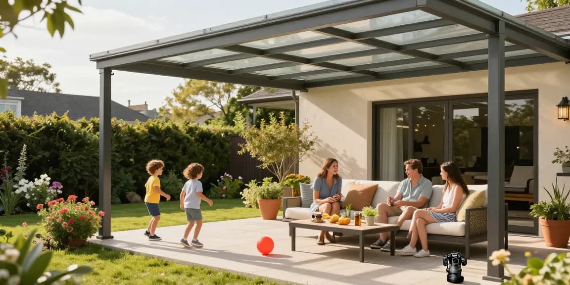 Moderne Terrassenüberdachung schützt Terrasse bei Sonnenschein und bietet Platz für eine Familie.