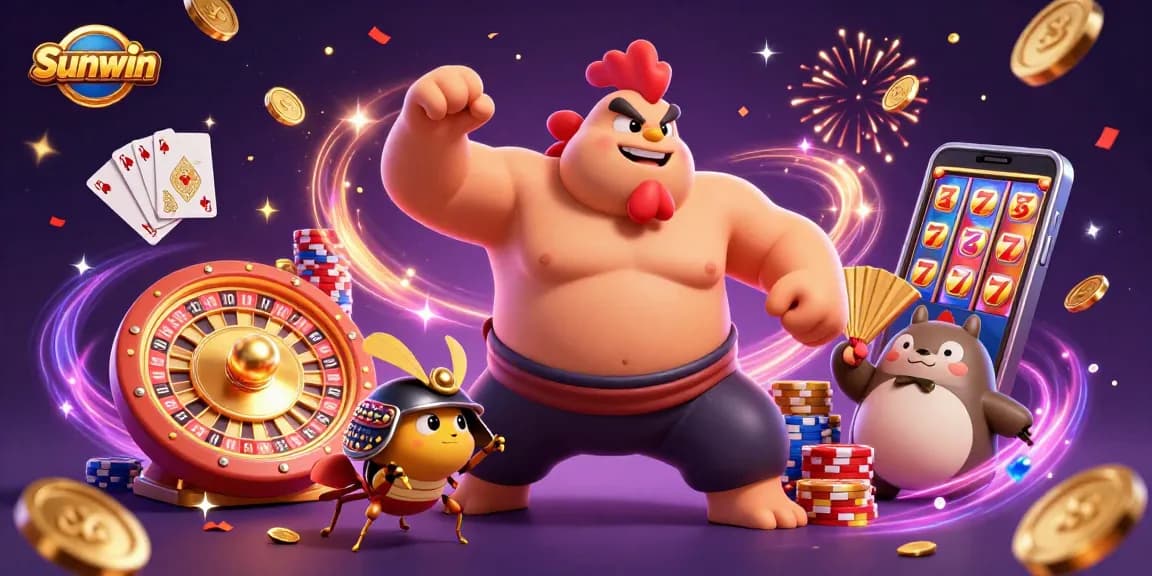 Experience the thrill of Sunwin as the powerful rooster sumo wrestler battles alongside samurai cricket and tanuki announcer in a vibrant casino scene.
