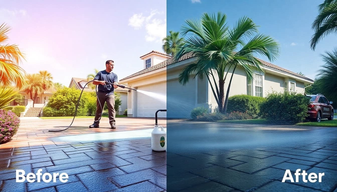 Driveway pressure wash in Kissimmee, FL, showcasing professional service with eco-friendly techniques.