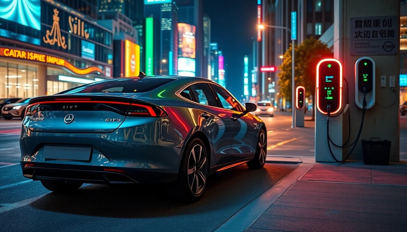 Das Elektroautos wird an einer modernen Ladestation in einer pulsierenden Stadt aufgeladen.