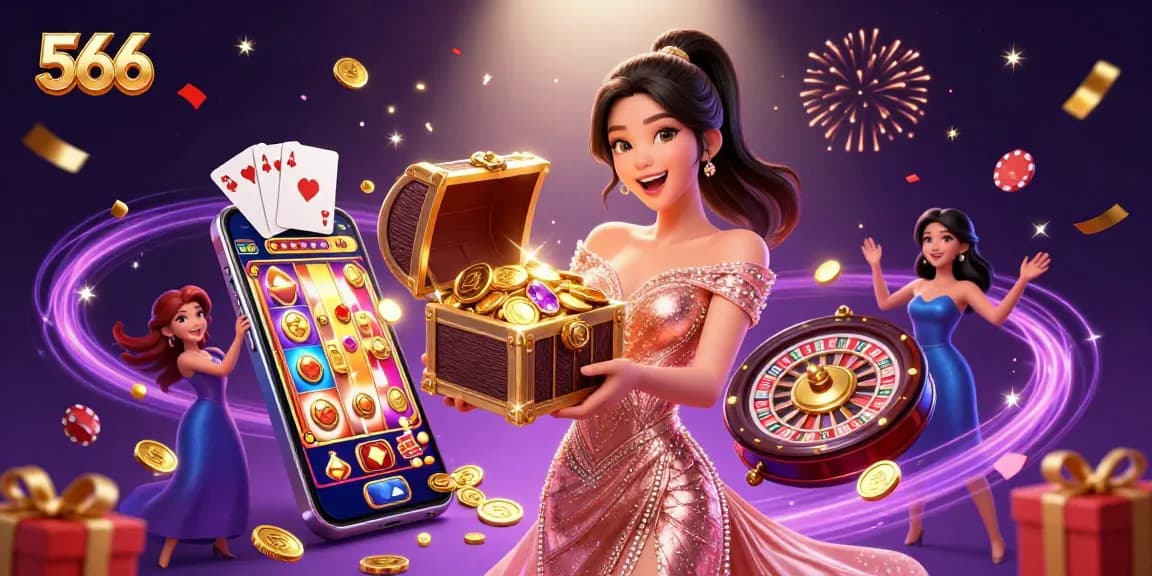 Experience the thrill of winning at 566 with a joyous woman celebrating treasures and slot games.