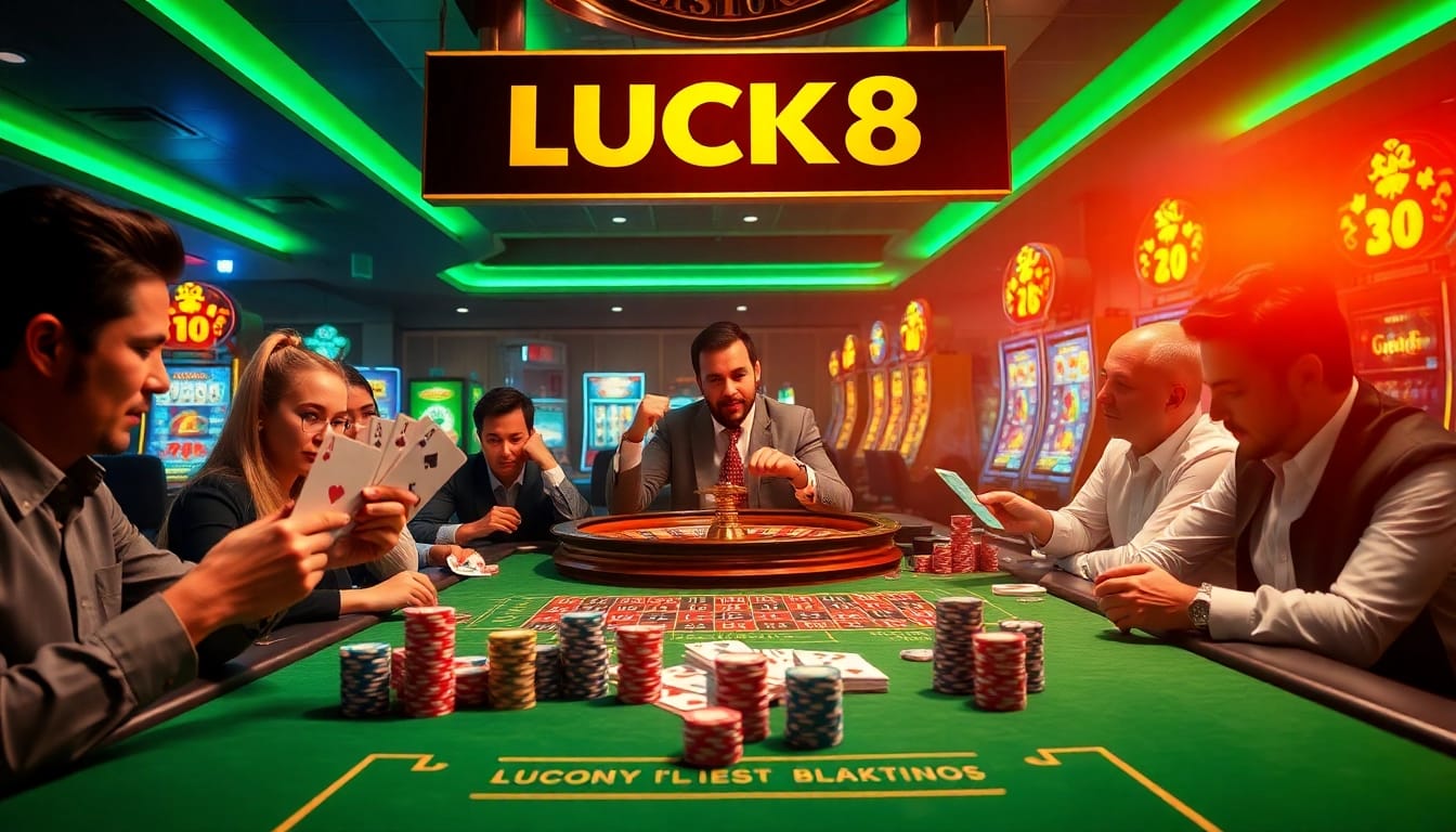 Trải nghiệm cảm giác chiến thắng tại LUCK8 với bàn casino sinh động, bộ bài và vòng quay roulette.
