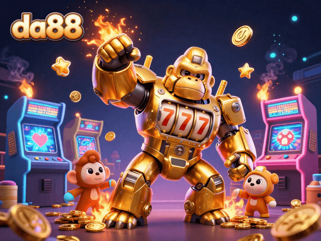 Experience the excitement at da88 with the dynamic golden gorilla mech and vibrant game elements.