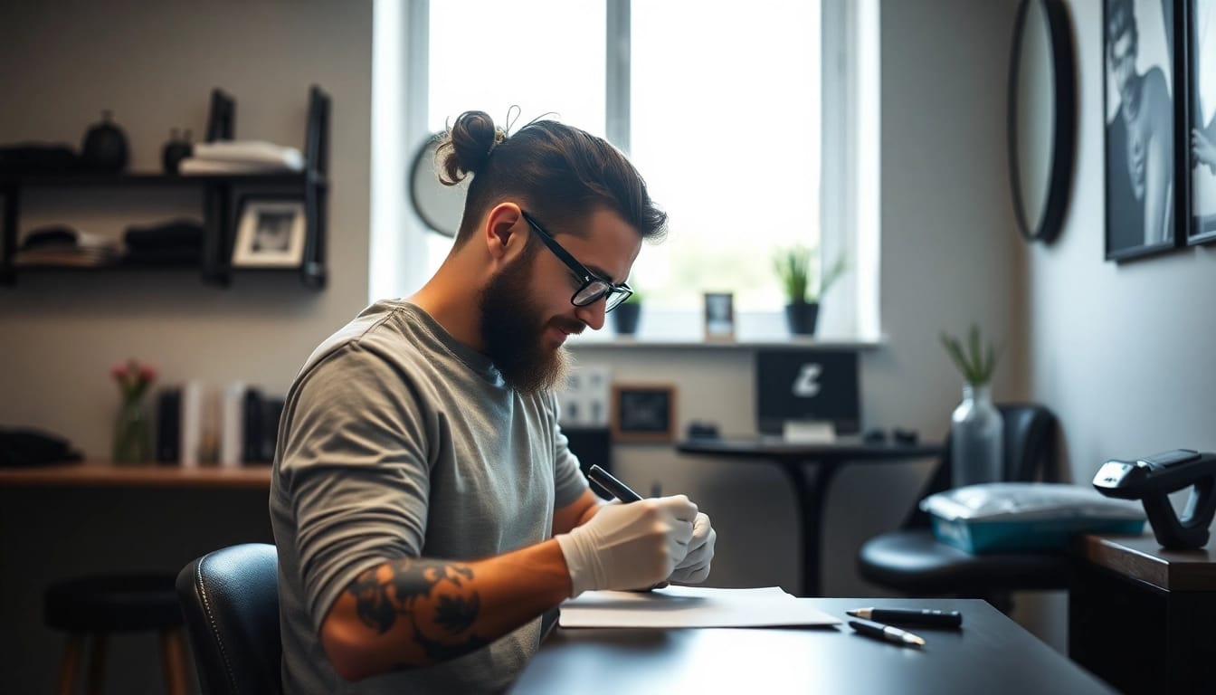Professioneller Tätowierer im Tattoo Studio München bei der Arbeit an einem kunstvollen Design.
