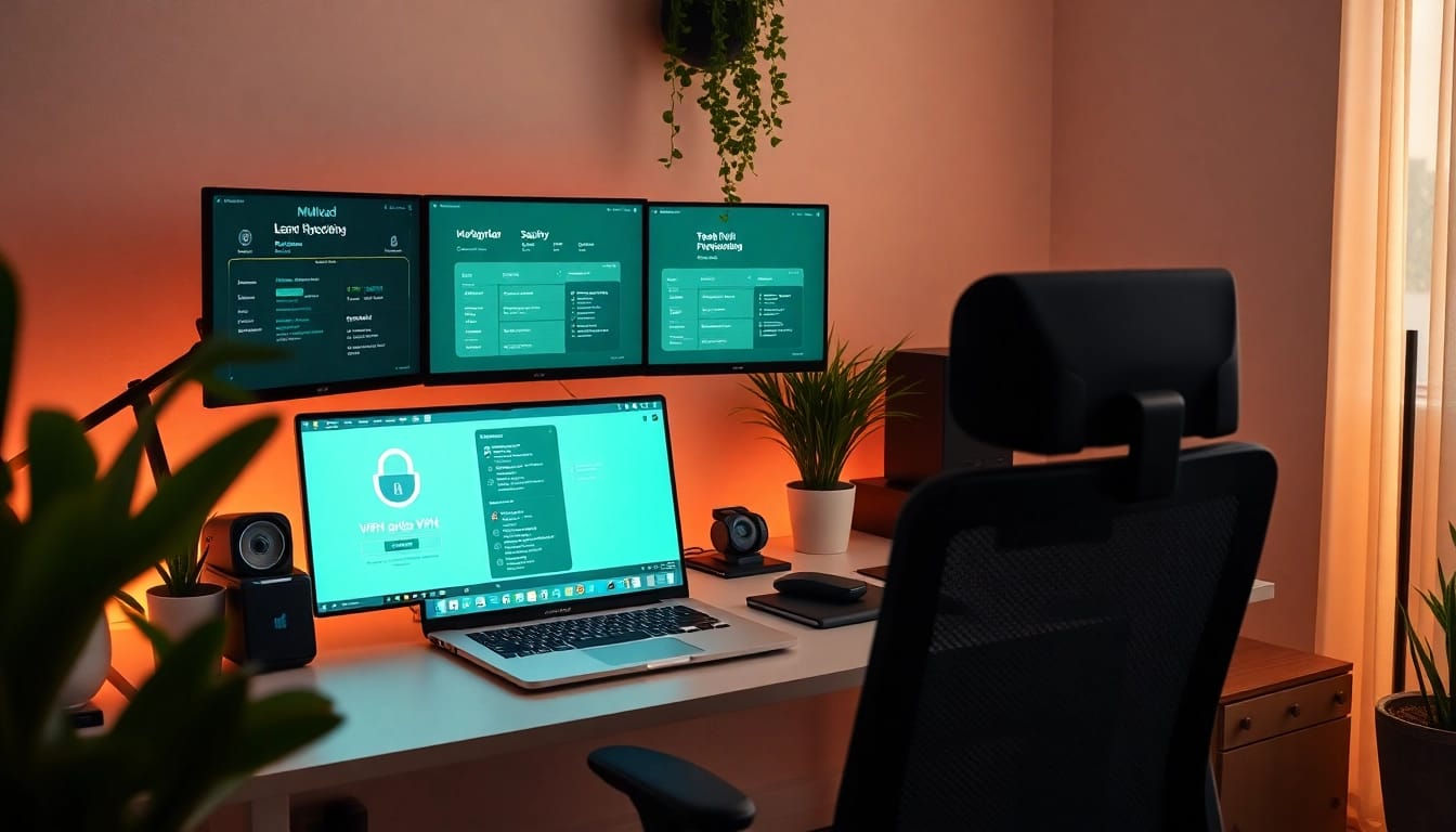 Mullvad VPN workspace with modern tech setup showcasing security and privacy features.