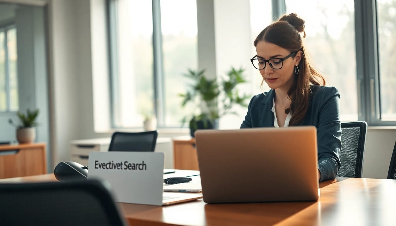 Die Beraterin führt eine Executive Search Vertrieb Sitzung durch, mit einem Fokus auf Professionalität und moderne Technologien.
