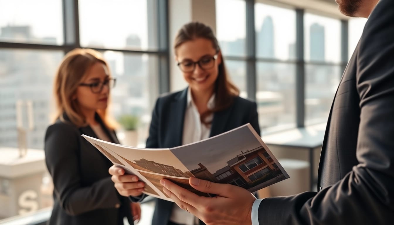 Immobilienmakler Frankfurt Sachsenhausen berät Kunden in einem modernen Büro über Immobilien.
