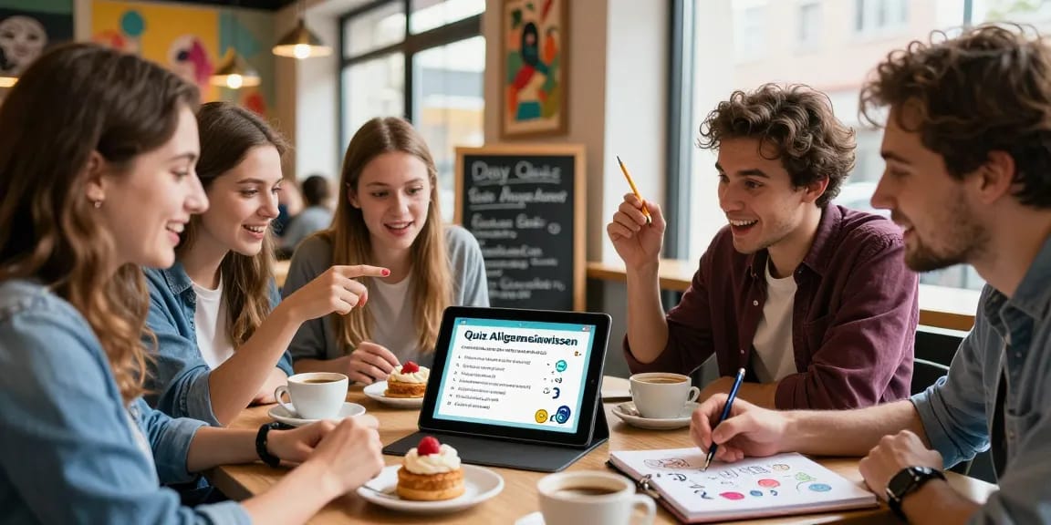 Group of friends enjoying a quiz Allgemeinwissen session at a coffee shop, showcasing excitement and engagement.