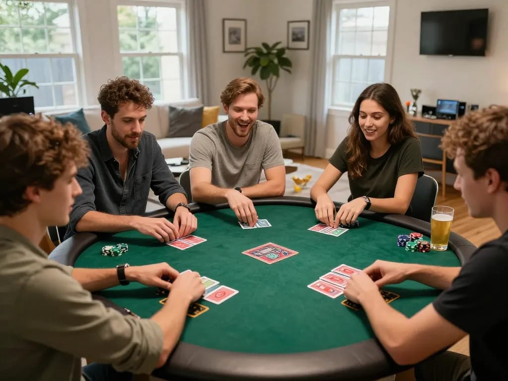 Friends enjoying a lively poker game at home with GO88 strategies on display, embodying excitement and camaraderie.